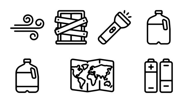 Emergency Preparedness Icons: Survival Kit, Disaster Supplies, Weather, Map, Batteries, Water