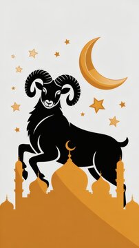 Aries Zodiac Ram Silhouette with Crescent Moon and Stars

