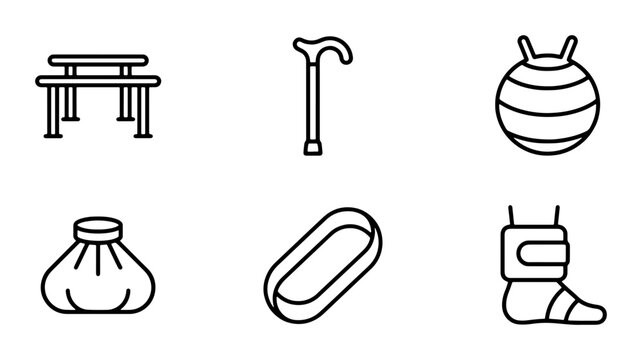 Senior Care Icons: Mobility Aids, Fitness Ball, Bench, Hot Pack, Ankle Brace