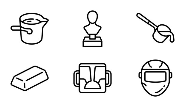 Metal Casting Icons: Foundry Tools, Sculpture Bust, Gold Bar, Welder Mask, Pouring Ladle