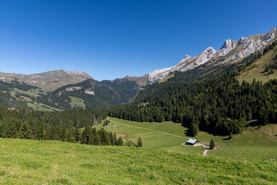 Mountain scenery in the Aravis Massif under a blue sky, French Alps, Haute-Savoie