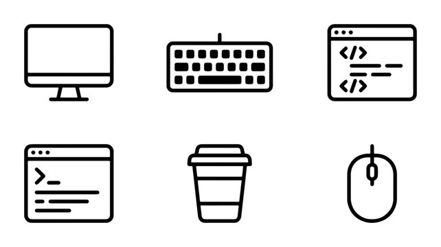 Coding Icons Set, Computer, Keyboard, Mouse, Coffee Cup, Development Tools, Vector Graphics