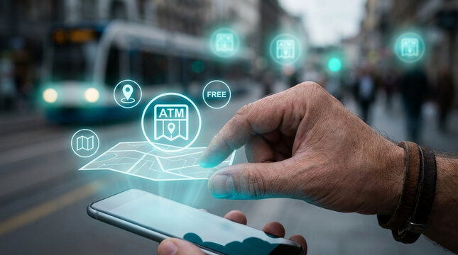 Smartphone user interacting with augmented reality map interface showing navigation points and services on a blurred city street background