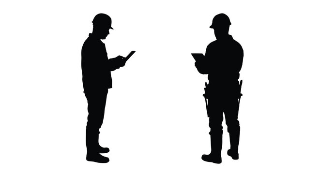 Two construction workers with tablets in silhouette against a white background silhouette worker black site engineer