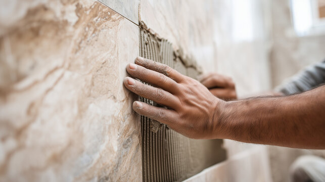 Professional tiler installing ceramic wall tiles with adhesive during bathroom renovation and home improvement project.