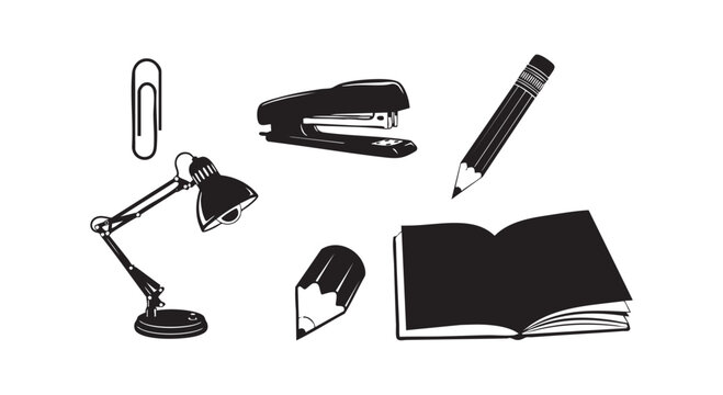 Office supplies desk lamp paperclip stapler pencil notebook open book silhouette vector illustration.