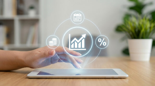 Financial growth analysis and business insights displayed on a digital tablet, with hand interaction and virtual data icons, symbolizing progress and success