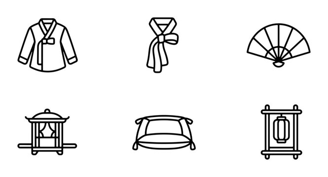Korean Traditional Clothing Icons, Silk Fan, Lantern, Palanquin, Pillow, Vector Set