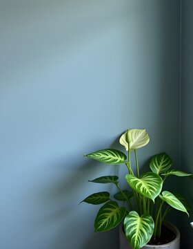 rare anthurium variegata beside a dusty blue wall, minimalist decor, focus on unique foliage coloration.