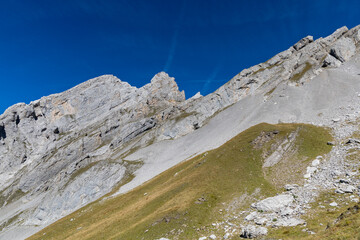 Obraz premium Mountain scenery in the Aravis Massif under a blue sky, French Alps, Haute-Savoie