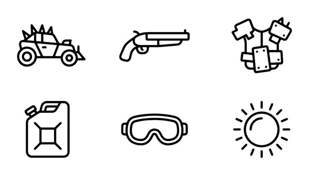 Post-Apocalyptic Survival Icons: Mad Max Style Car, Gun, Armor, Fuel, Goggles, Sun