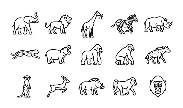 African Wildlife Icons Set: Safari Animals Vector Collection, Simple Line Art for Nature Graphics