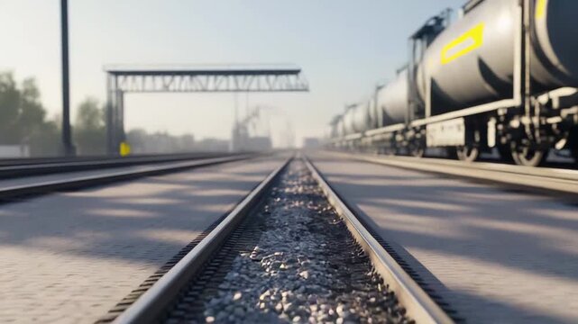 Focus on railroad tracks extending into the distance with a cargo train carrying fuel tanks, highlighting industrial logistics and global transport infrastructure during the day