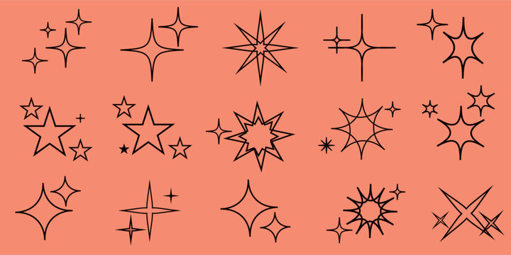 Star sparkle outline doodle set vector. Hand drawn star glitter sparks outline. Sparkle and starburst icons. Glittering spark outline shapes. Shiny line firework  outline icon. Sparkle star