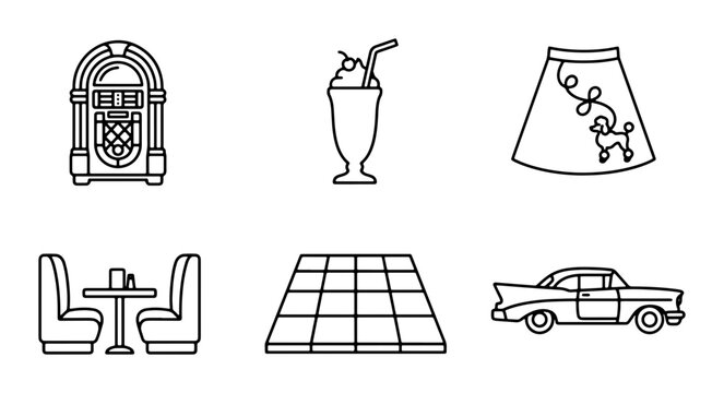 Retro Diner Icons: Jukebox, Milkshake, Poodle Skirt, Booth, Dance Floor, Car