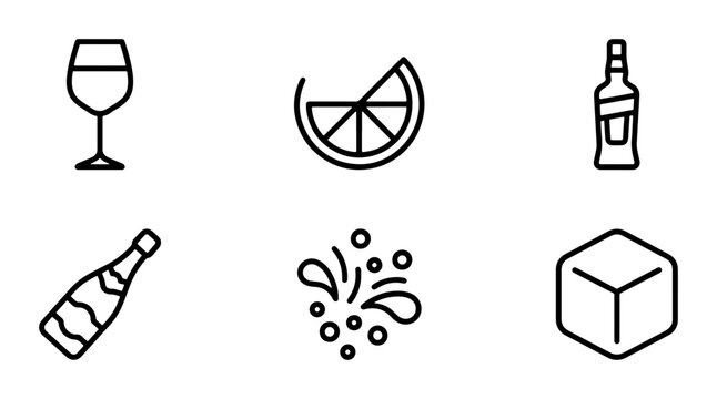 Cocktail Icons Set: Wine Glass, Lemon Slice, Liquor Bottle, Champagne, Splash, Ice Cube