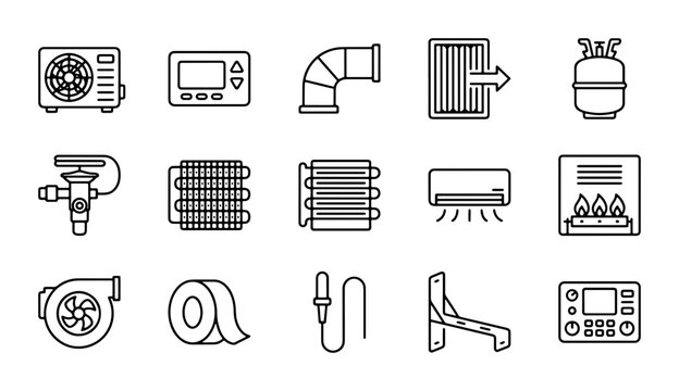 HVAC System Components Icons, Climate Control Equipment Set, Air Conditioning Parts Vector