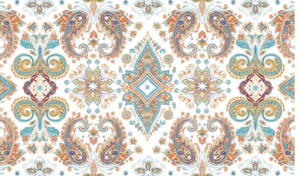 Colorful boho floral paisley seamless vector pattern with ethnic geometric textile motifs