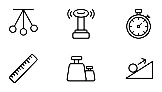 Physics Science Icons Set: Newton's Cradle, Stopwatch, Ruler, Weights, Inclined Plane