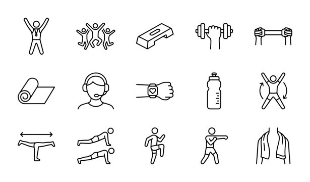 Fitness Icons Set: Exercise, Health, Workout, Sport, Wellness, Gym, Activity, Training, 15 Vector Elements