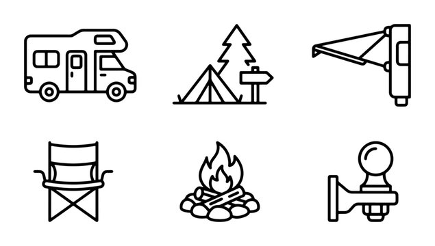 Camping Icons: RV, Tent, Campfire, Chair, Hitch, Gate | Outdoor Adventure Vector Set
