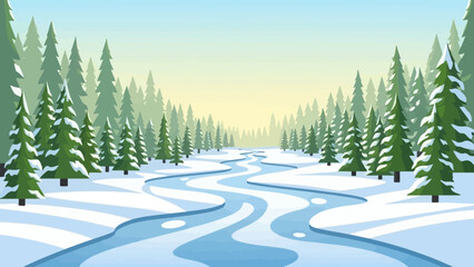 Winding River Flowing Through a Snowy Winter Forest Landscape. © Jepry