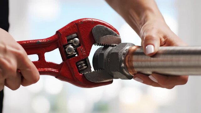 Hands using a red pipe wrench to tighten a metal nut. Plumbing and gas maintenance repair. Professional installation of heating system pipes