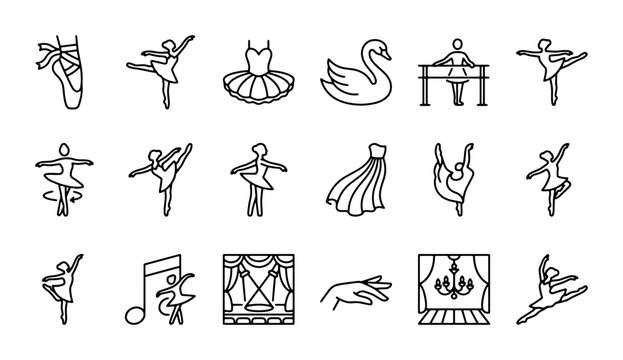 Ballet Icons Set: Elegant Dancers, Tutus, Pointe Shoes, Swan, Stage, Music Notes