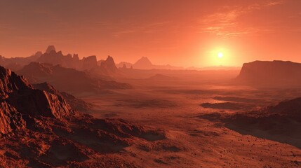 Fototapeta premium Dust obscured horizon on the red planet at sunset in a 3D rendered landscape