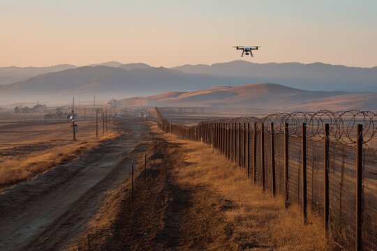 Drone surveillance over a barbed-wire border fence with watchtowers and sensors