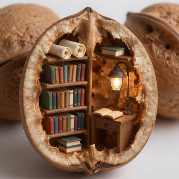 Intricate Miniature Library Carved Inside a Walnut Shell