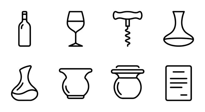 Minimalist Wine Icons Set: Bottle, Glass, Corkscrew, Decanter, Carafe, Jar, Document