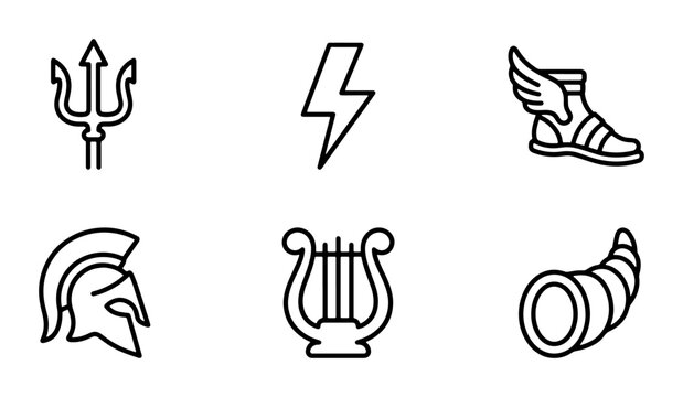 Greek Mythology Icons: Trident, Lightning, Winged Boot, Helmet, Lyre, Cornucopia