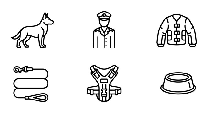 Police Dog Handler Icons, K9 Unit Set, Security Service Vector Graphics, Law Enforcement Symbols
