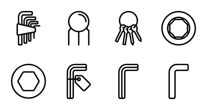 Hex Wrench Icon Set, Allen Key Tools, Mechanical Hardware, Engineering Symbols, Vector Graphics