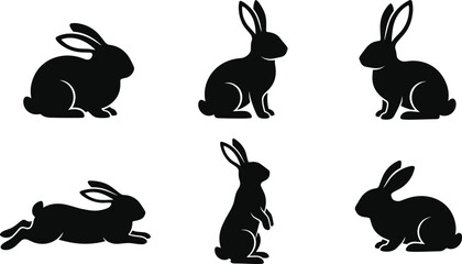 Rabbit Silhouette Illustration Collection Featuring Multiple Bunny Poses Including Sitting, Running, and Standing Upright Designs © MDMUNTASSER