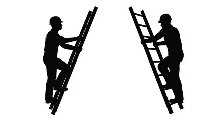 Construction worker climbing a ladder black silhouette against a white background silhouette laborer tradesman ascending workman © Aklima