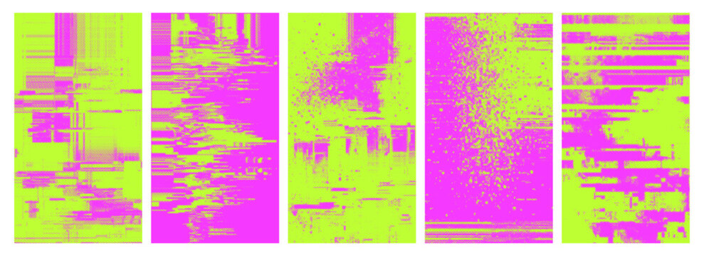 Glitch Datamosh Texture Set - pixelated digital noise backgrounds in acid green and magenta, distorted VHS error aesthetic