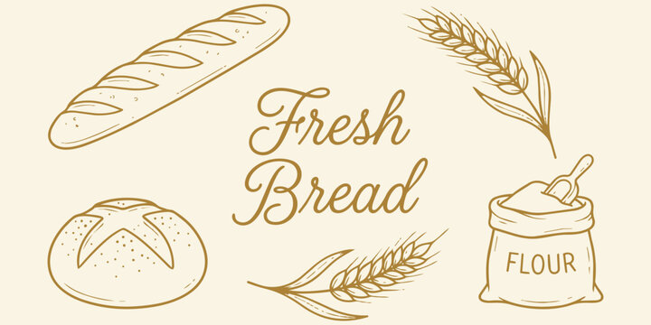 Bakery Delights: A charming illustration showcasing a selection of baked goods including a French baguette, a round loaf, wheat stalks, and a bag of flour.