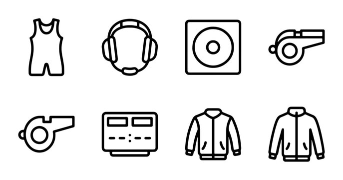 Sports Equipment Icons, Referee Whistle, Stopwatch, Tracksuit Jacket, Headphones, Singlet