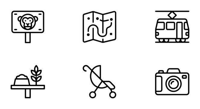 Zoo Icons Set: Monkey Sign, Map, Train, Food Station, Stroller, Camera, Vector Graphics
