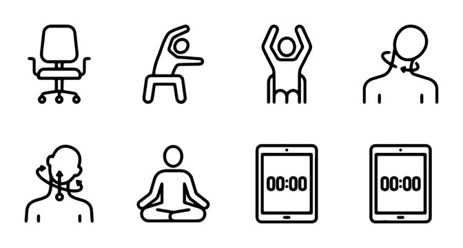Office Yoga & Wellness Icons: Ergonomics, Meditation, Stretches, Timer, 8 Icons