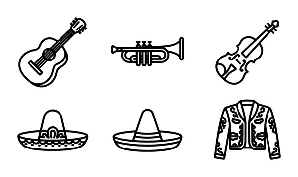 Mexican Music Icons: Guitar, Trumpet, Violin, Sombreros, Jacket, Vector Set