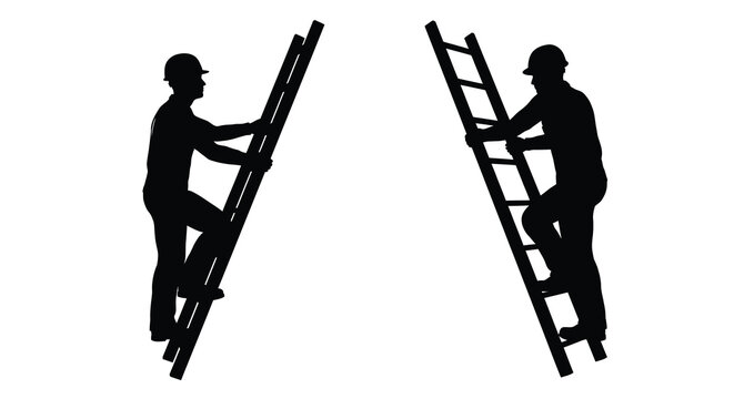 Construction worker climbing a ladder black silhouette against a white background silhouette laborer tradesman ascending workman