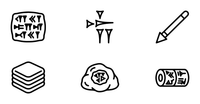 Ancient Cuneiform Writing System Icons: Clay Tablet, Stylus, Cylinder Seal, Rock