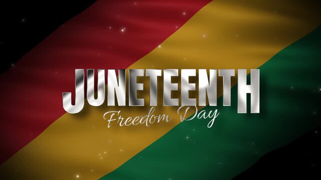 Juneteenth Freedom Day video featuring metallic silver text with waving flag and glowing particle effects.