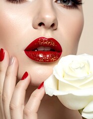 Fototapeta premium Glamorous lips with red glitter and white rose