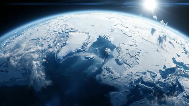 Planet, global ice age, ancient snowball earth, sturtian glaciation, marinoan epoch, frozen surface, extreme cold climate, geological period, cosmic view, orbital perspective, vast icy expanse.