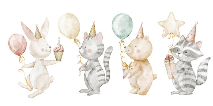 Animal watercolor illustration with birthday party composition, balloons and gift boxes on isolated background. Cute Hare and Bear for baby party invitations or childish pastel greeting cards