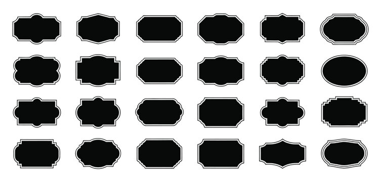 Black decorative label silhouettes, vintage frame shapes, retro outline badges, ornate geometric borders, empty tag design graphics, elegant shield and royal crest emblem vector set for branding and p